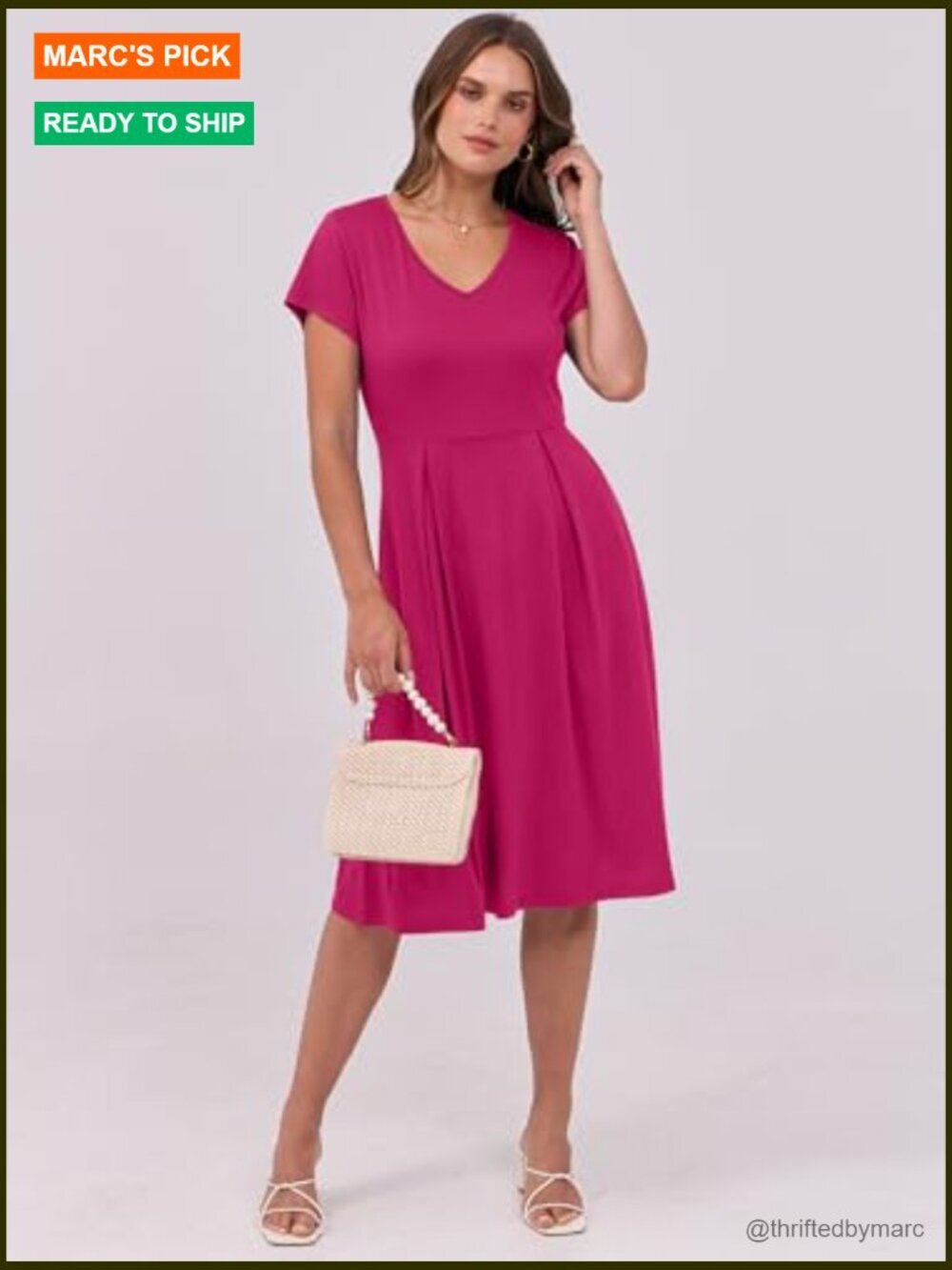 Women's A-Line Midi Dress with Pockets, V-Neck Short Sleeve Casual Summer Dress - Picture 3 of 7